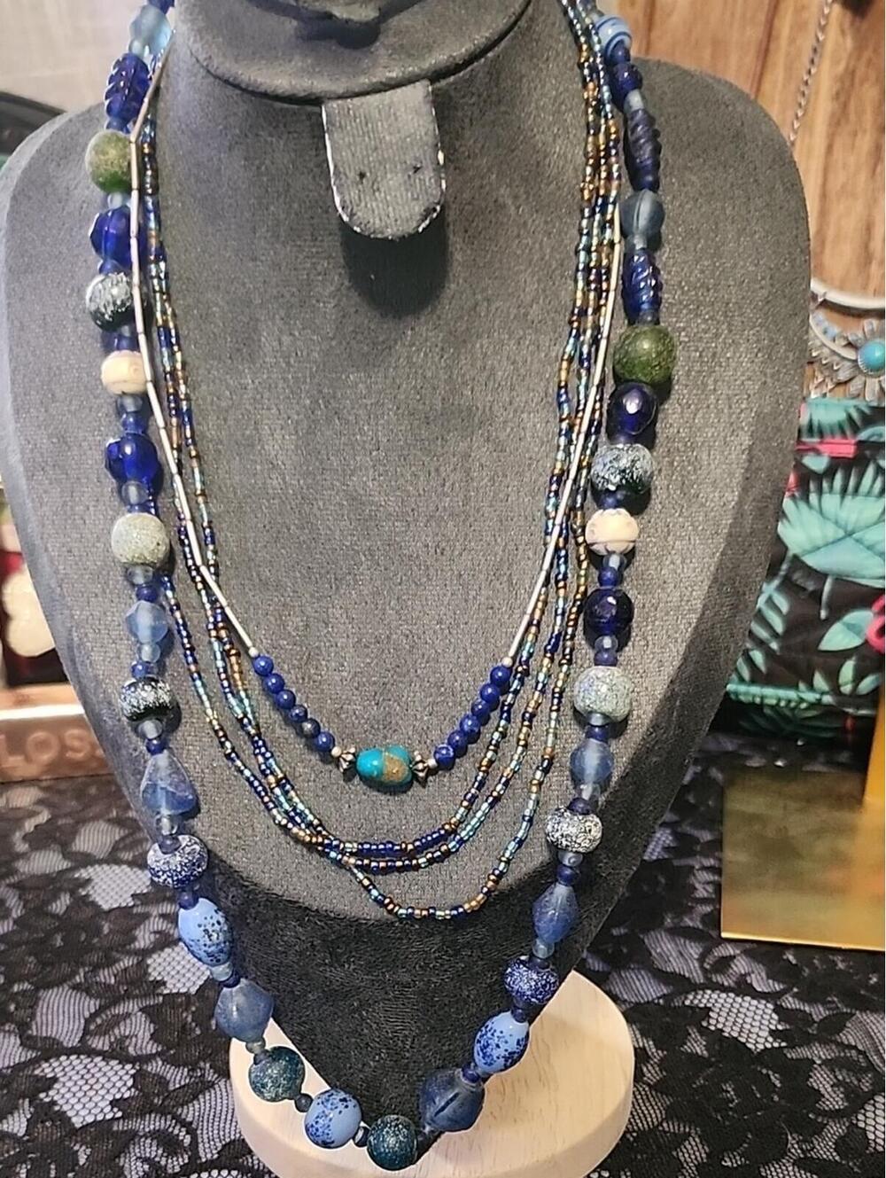 Multi-Strand Blue Beaded Women's Necklace - 3 Piece